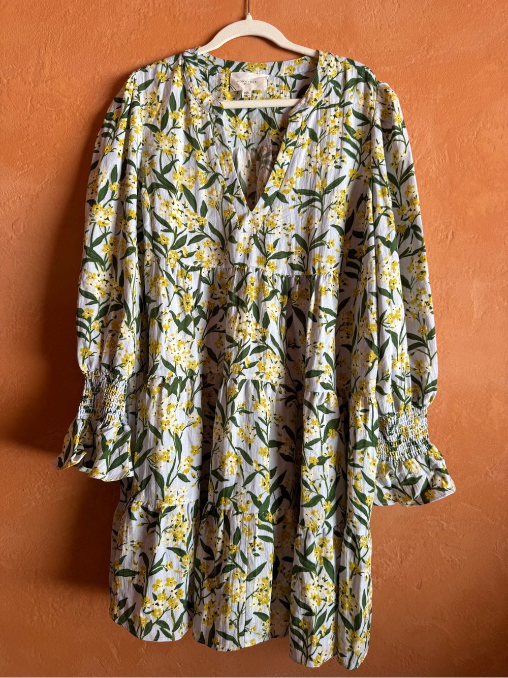 Pomander Place Floral Tiered Mini Dress XXXL Blue Yellow Smocked Sleeve